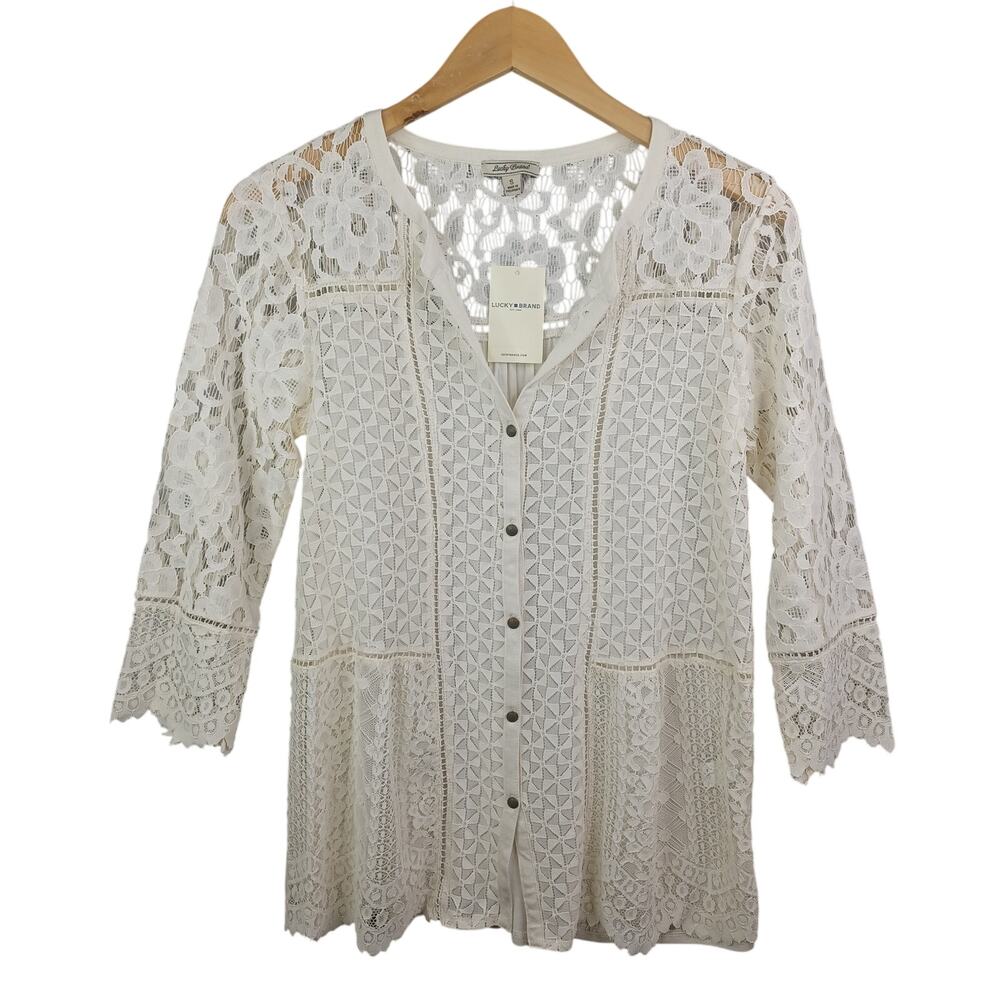 Lucky Brand Womens Boho Lace Button Up Top Cream Size Small Romantic‎ Coquette